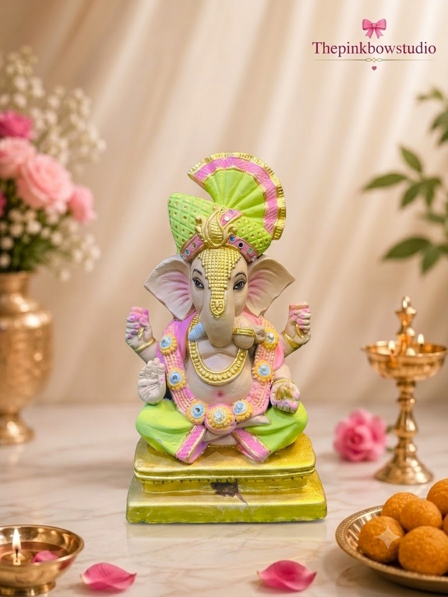 Colorful Shadu Mati Ganesha Statue on Golden Pedestal
