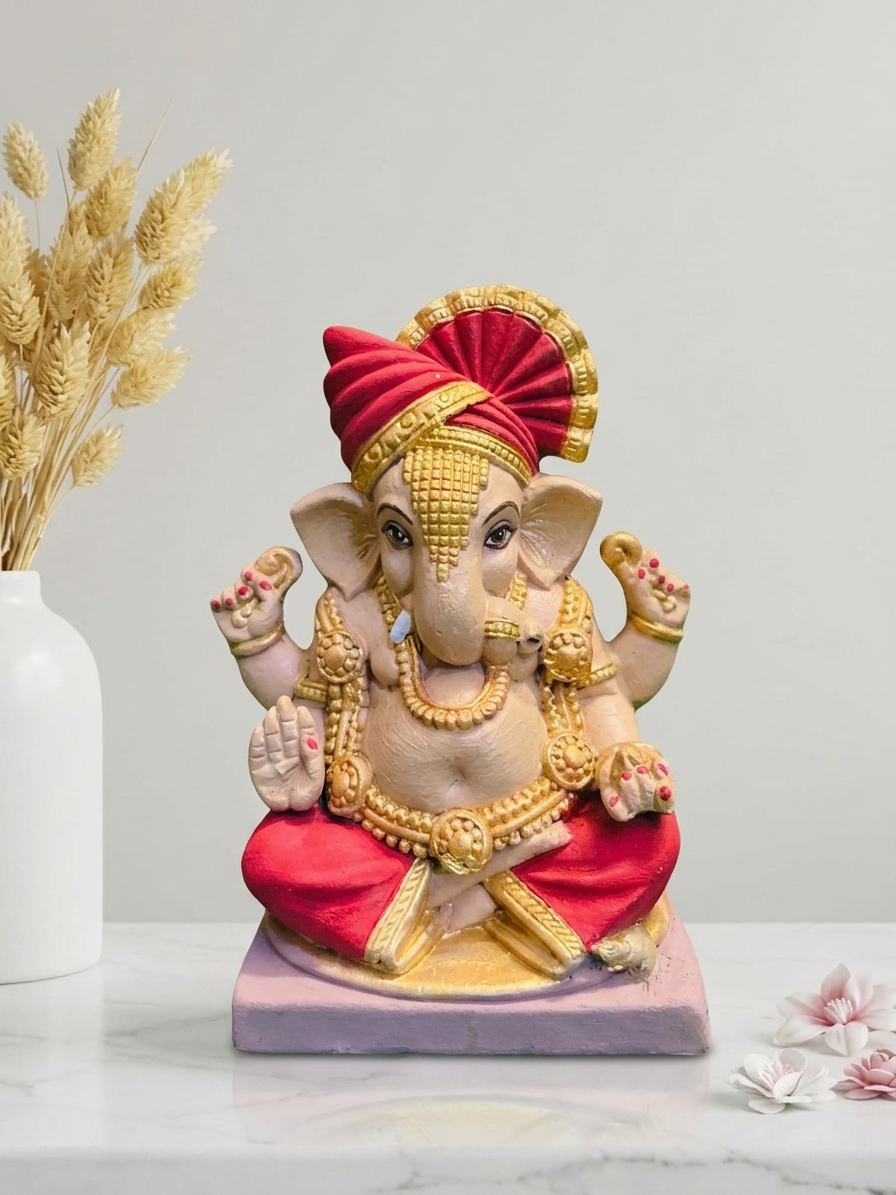 Eco-Friendly Ganpati Idol with Pink Pheta & Royal Attire