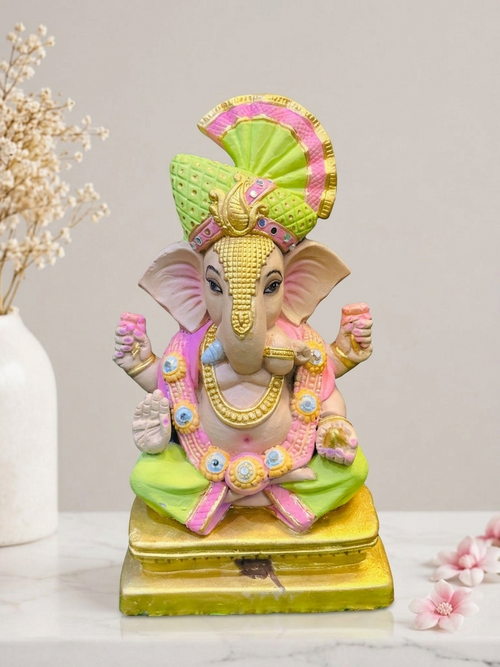 Colorful Shadu Mati Ganesha Statue on Golden Pedestal