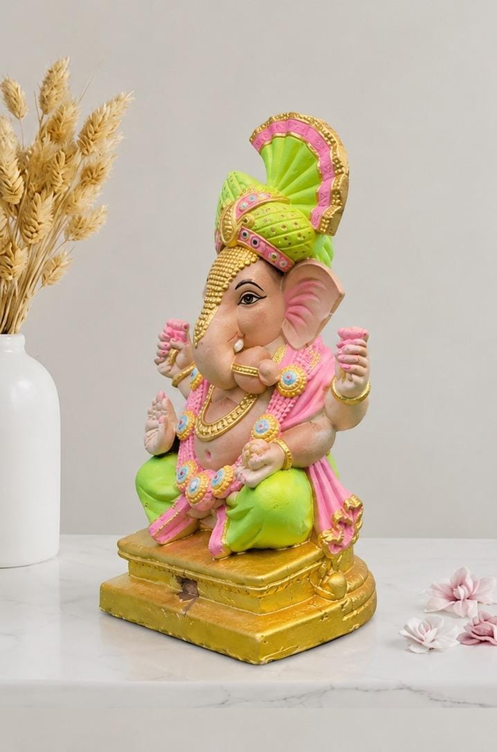 Colorful Shadu Mati Ganesha Statue on Golden Pedestal
