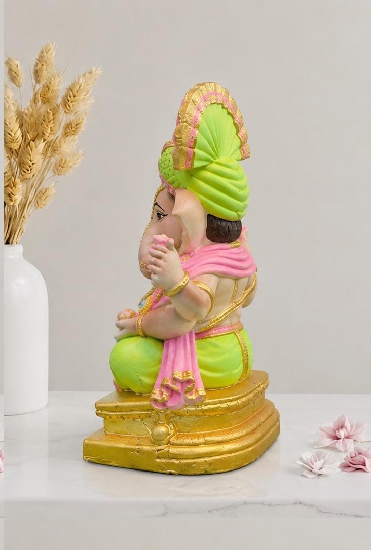 Colorful Shadu Mati Ganesha Statue on Golden Pedestal
