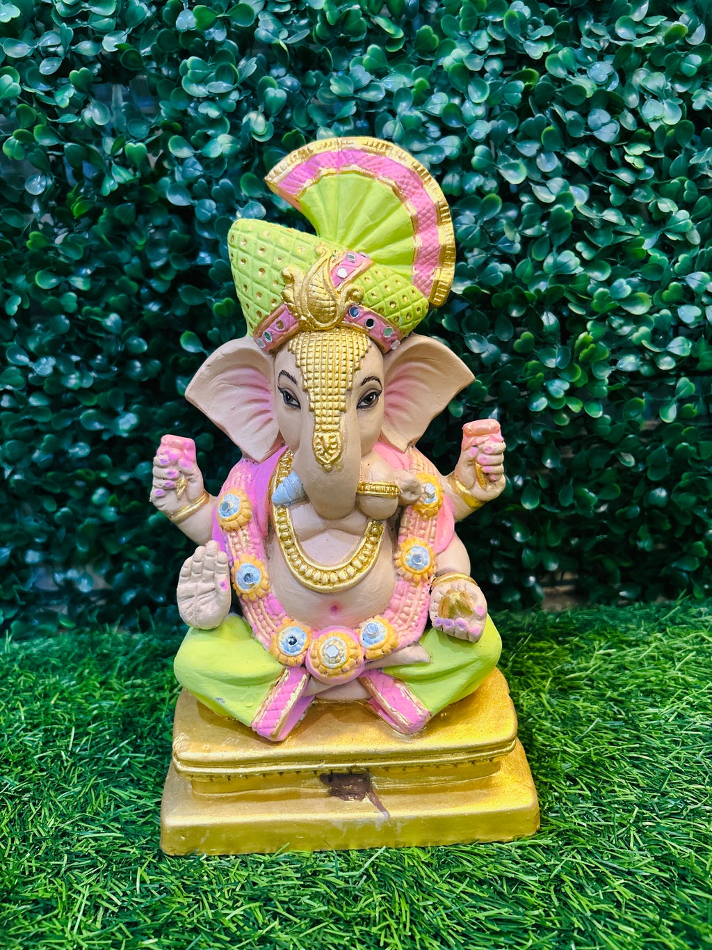 Colorful Shadu Mati Ganesha Statue on Golden Pedestal