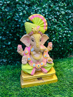 Colorful Shadu Mati Ganesha Statue on Golden Pedestal