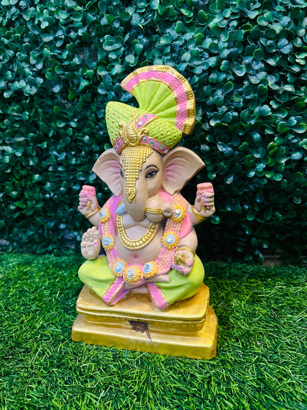 Colorful Shadu Mati Ganesha Statue on Golden Pedestal