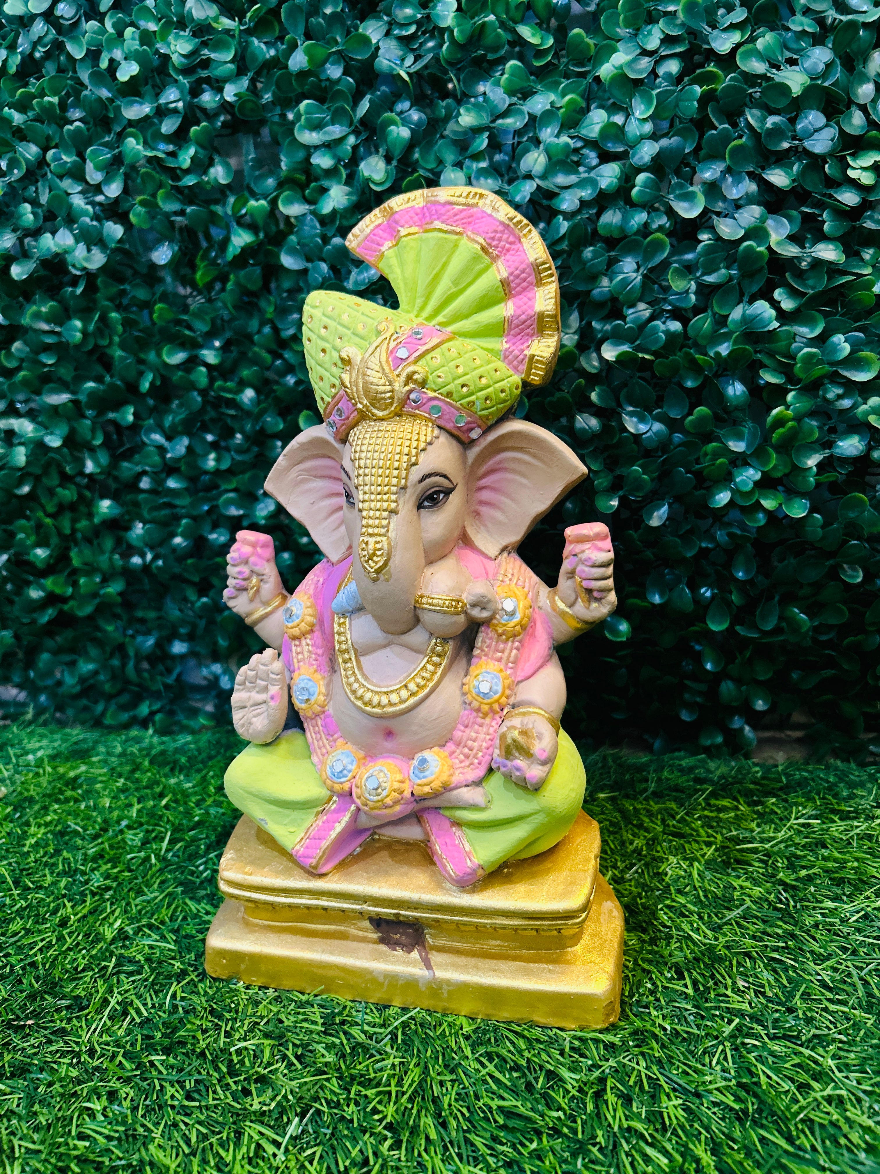Colorful Shadu Mati Ganesha Statue on Golden Pedestal