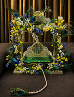 Premium Designer Laddu Gopal Jhula | Krishna Ji Swing with Peacock Feather & Floral Decor