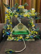 Premium Designer Laddu Gopal Jhula | Krishna Ji Swing with Peacock Feather & Floral Decor