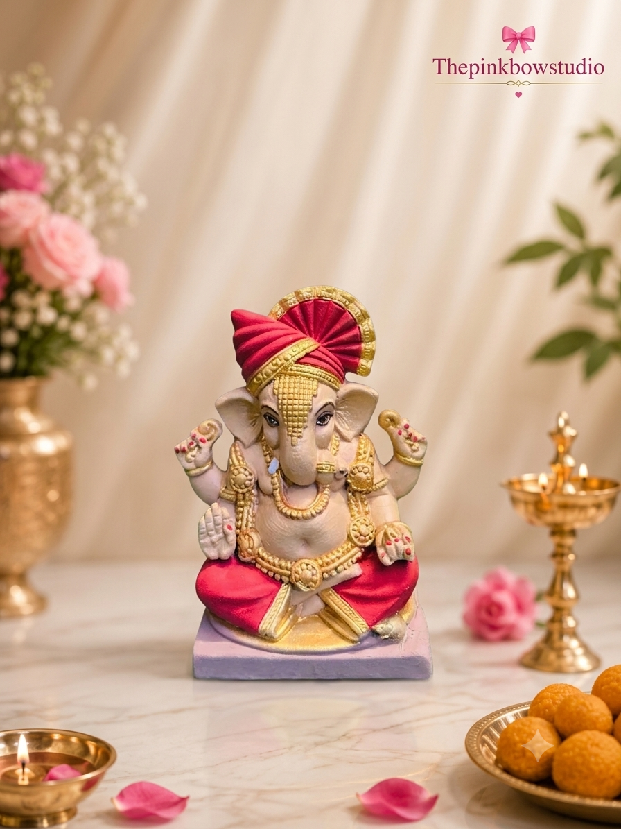 Eco-Friendly Ganpati Idol with Pink Pheta & Royal Attire